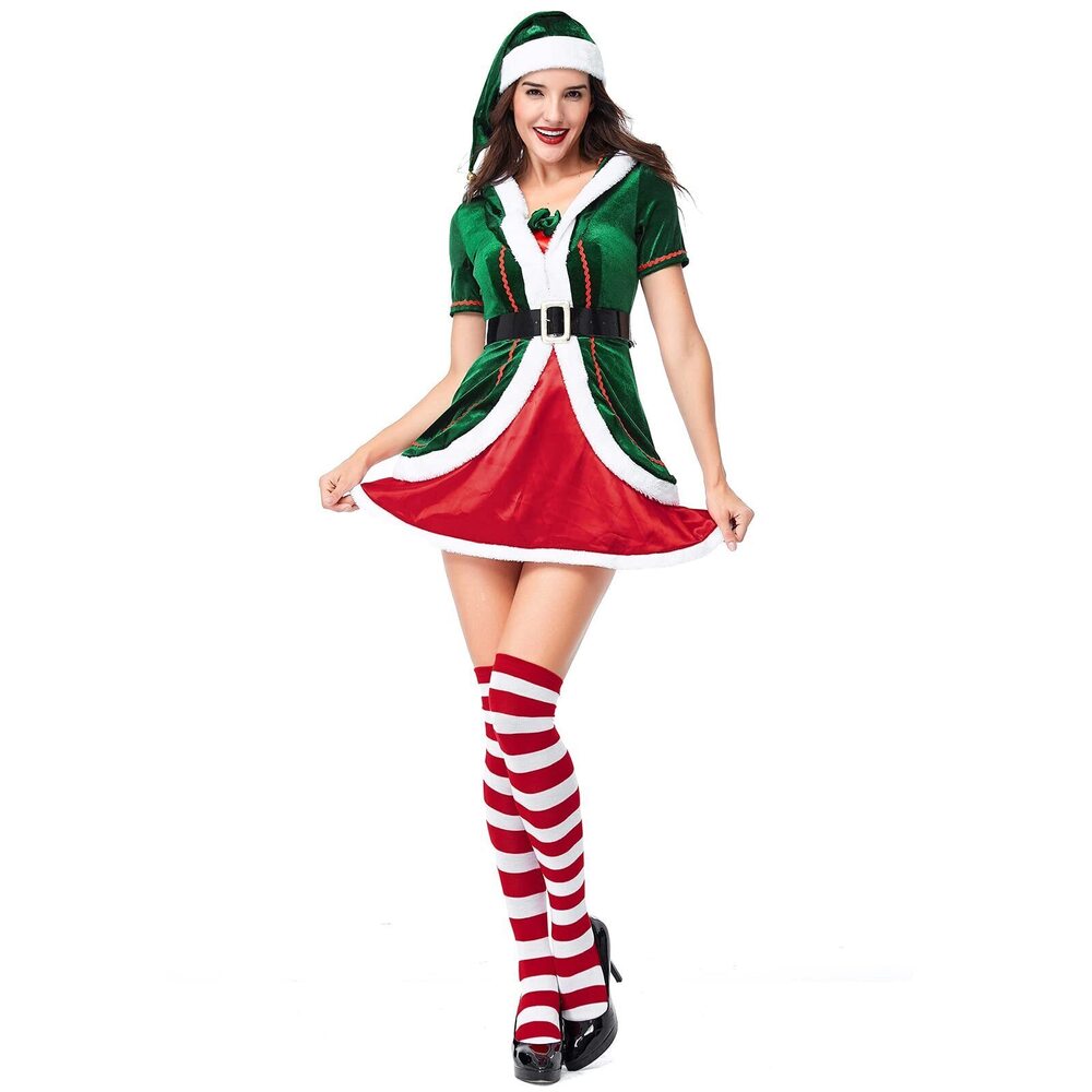 3703 Santa Claus Costume Set Velvet Dress with Belt Xmas Striped Tights